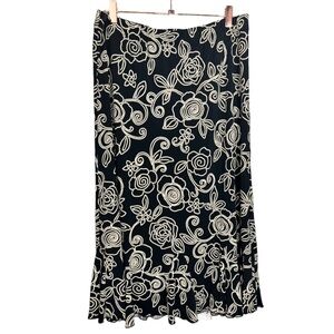 SJS Black Floral‎ Print Midi Skirt Women's Size Large Flowy A Line